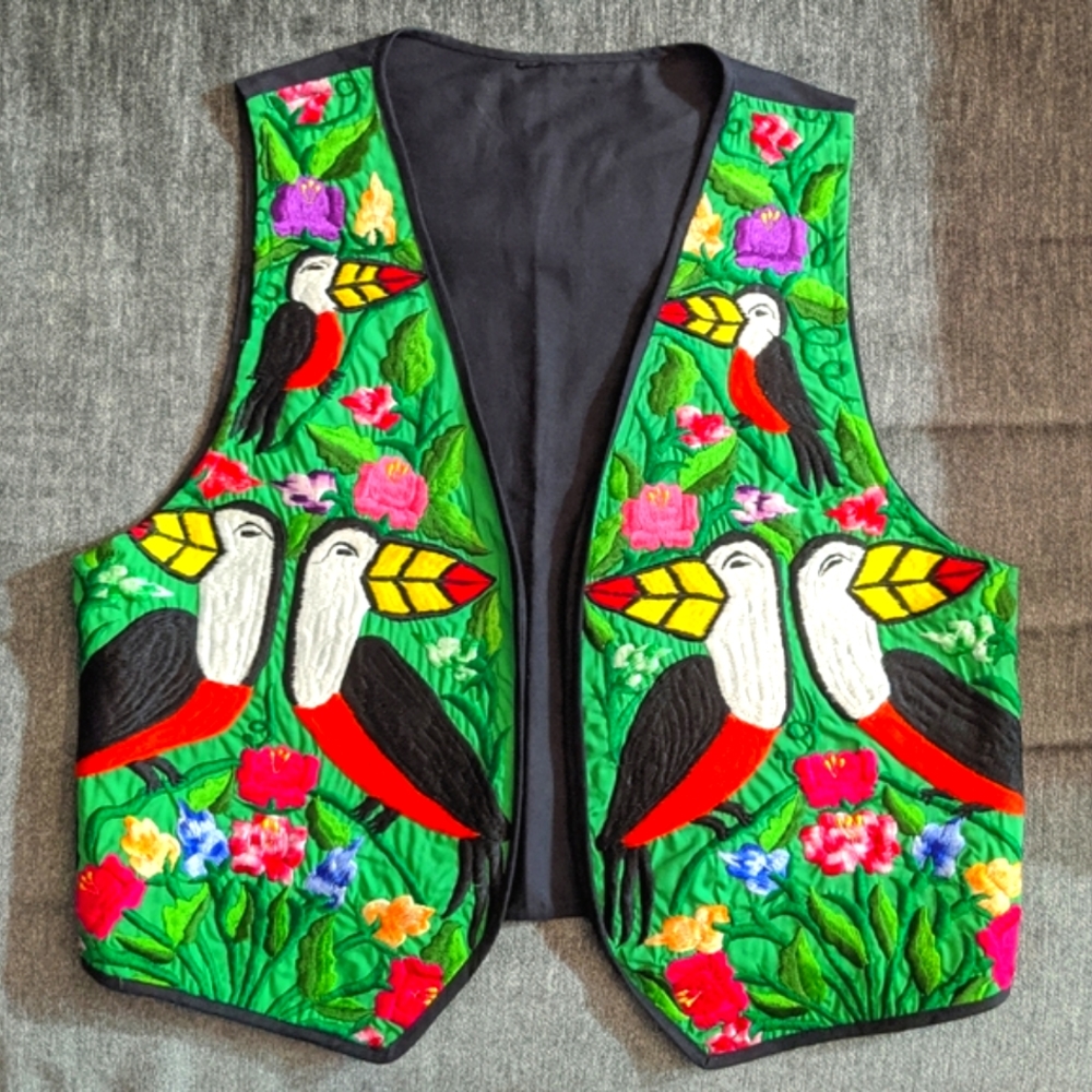 Vintage Art To Wear Colorful Floral Tropical Jungle Embroidered Open Vest